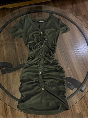 Ruched Olive Green Button-Front Midi Dress